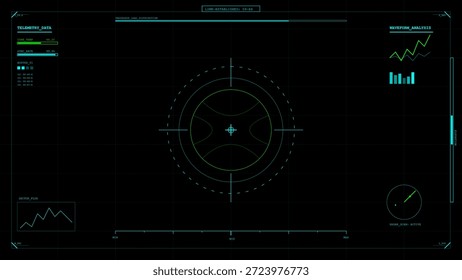 A display shows various data readings on telemetry, including graphs that illustrate trends and statistics. The interface uses a dark theme with green highlights, creating a futuristic look.