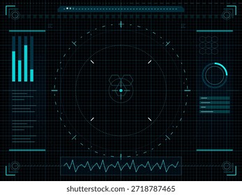 A display shows various graphs and readings on a dark background. The layout includes circular patterns and sharp lines. Data appears in green and blue colors, indicating analysis.