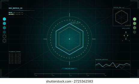 La pantalla muestra varias métricas y patrones visuales dispuestos en forma hexagonal. Las lecturas de datos y el análisis gráfico se presentan en un formato de alta tecnología, con un fondo oscuro.