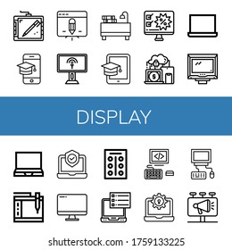 display simple icons set. Contains such icons as Graphic tablet, Screen, Tablet, Computer, Desk, Devices, Laptop, Monitor, Tablets, Ebook, can be used for web, mobile and logo