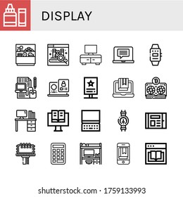 display simple icons set. Contains such icons as Ph meter, Counter, Ebook, Tv, Laptop, Smartwatch, Stand, Vga, Desk, Computer, Gauge, Billboard, can be used for web, mobile and logo