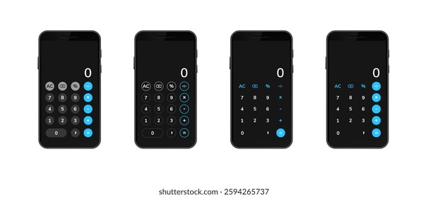Display of smartphone calculators showing unique key layouts and color contrasts for various functions.