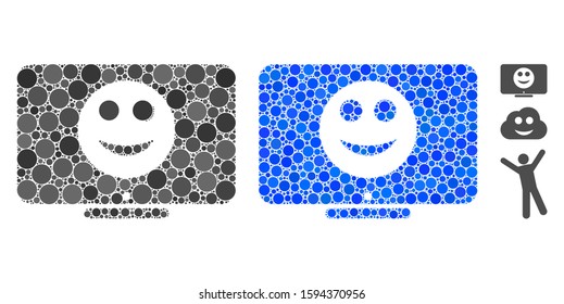 Display smile composition of circle elements in variable sizes and shades, based on display smile icon. Vector small circles are united into blue composition.