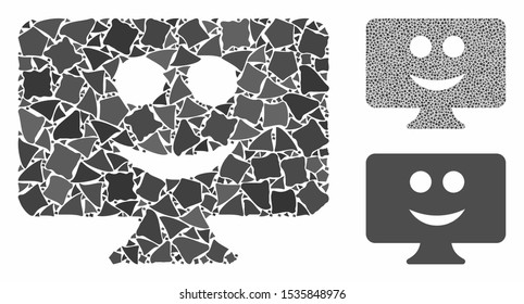 Display smile composition of irregular parts in various sizes and color tints, based on display smile icon. Vector inequal parts are organized into collage.