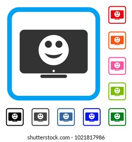 Display Smile icon. Flat gray pictogram symbol inside a blue rounded frame. Black, gray, green, blue, red, orange color versions of Display Smile vector. Designed for web and application UI.