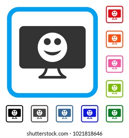 Display Smile icon. Flat grey iconic symbol inside a blue rounded squared frame. Black, gray, green, blue, red, orange color additional versions of Display Smile vector.