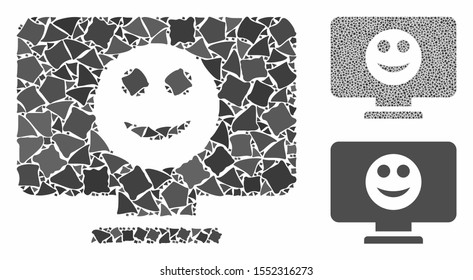 Display smile mosaic of inequal pieces in various sizes and color tones, based on display smile icon. Vector inequal parts are united into mosaic. Display smile icons collage with dotted pattern.