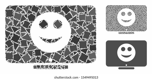 Display smile mosaic of irregular items in variable sizes and color tints, based on display smile icon. Vector tuberous items are composed into collage.