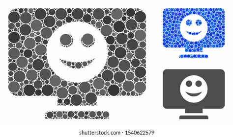 Display smile mosaic of spheric dots in different sizes and color tinges, based on display smile icon. Vector round dots are composed into blue mosaic.