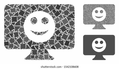 Display smile mosaic of uneven elements in various sizes and color tones, based on display smile icon. Vector uneven dots are grouped into mosaic. Display smile icons collage with dotted pattern.