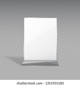 Display Stand Or Acrylic Table Tent, Card Holder Isolated On Transparent Background. Vector Empty Flyer Glass Display. Plastic Frame Of Photo, Paper Sheet Mock Up Or Restaurant Menu. 