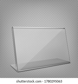 Display stand or acrylic table tent. Isolated on transparent background. Vector empty plastic frame