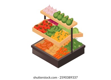 Display stand with colorful vegetables. Multi-tier grocery display with tomatoes, green cucumbers, carrots. Fresh market stand with tiered shelving. Supermarket vegetable section. Isometric vector.