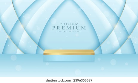 Display stand, elegant blue background and gold lines, stage for displaying products.