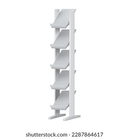 Soporte de pantalla con paro vectorial inclinado. Modelo realista realista de rack de almacenamiento abierto vertical blanco en blanco. Folleto, catálogo, titular de la revista. Plantilla para el diseño