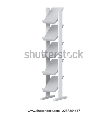 Display stand with inclined shelves vector mockup. Blank white vertical open storage rack realistic mock-up. Brochure, catalogue, magazine holder. Template for design