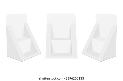 Display Stand Mockup With Shelves, Front And Side View, Isolated On White Background. Vector Illustration