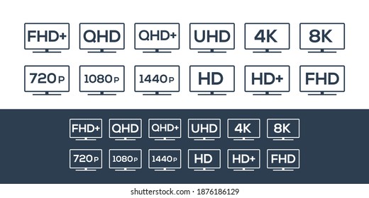 Display standard resolution, Smart tv Resolution Icon Logo, HD, HD+, FHD, FHD+, QHD, QHD+, UHD, 4k, 8k, vector icon set.