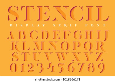 Display Stencil Serif Antique Font. Color Paper Cut Typeface Alphabet.