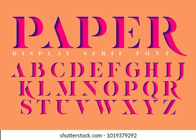 Display stencil serif antique font. Color paper cut typeface alphabet.