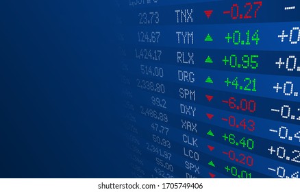 Display of Stock market quotes. Stock exchange board. Led digital display effect. Vector illustration.