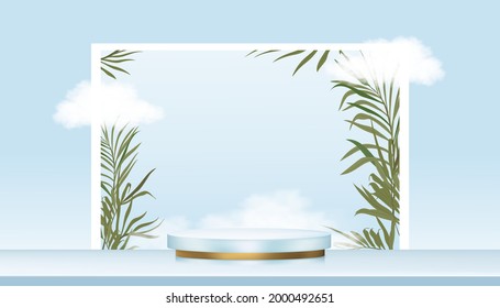 Display studio with podium showcase display with Cylinder Stand on blue sky, cloud and palm leaves on wall,Vector Realistic Minimal 3D Stage pedestal platform ,Cosmetic or Spa products on Summer