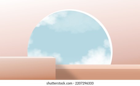 Display studio room background 3D podium on beige wall,Vector backdrop banner stand with fluffy clouds blue sky on window,Minimal mockup for Beauty,Cosmetic,Spa product presentation on Fall season