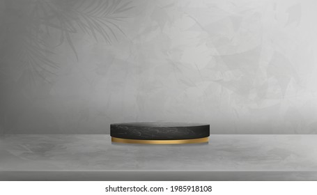 Display  Studio Room with Black Marble Cylinder Podium with Palm leaves on Grey Cement Wall Texture Background on Concrete floor.Vector 3D Luxury  Gallery room,Backdrop for Advertising 