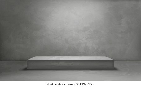 Display Studio Room With A Gray Wall And 3D Podium Mockup, Background Grey Cement Texture Of Floor,Vector 3D Backdrop Of Gray Concrete Surface With Texture Pattern.Banner For Loft Design Concept