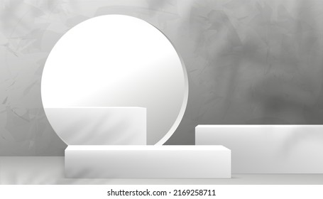 Display Studio room gray wall and 3D podium mockup, Background Grey Cement textured with palm leaf shadow,Vector illustration Backdrop of Gray Concrete banner loft design for product presentation