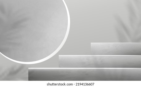 Display Studio room gray wall and 3D podium mockup, Background Grey Cement textured with palm leaf shadow,Vector illustration Backdrop of Gray Concrete banner loft design for product presentation
