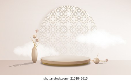 Display Studio room with podium and flowers ball in vase on floor, Gallery room with oriental patterns on peach pastel wall backdrop. Vector illustration 3D minimal scenery for product presentation 