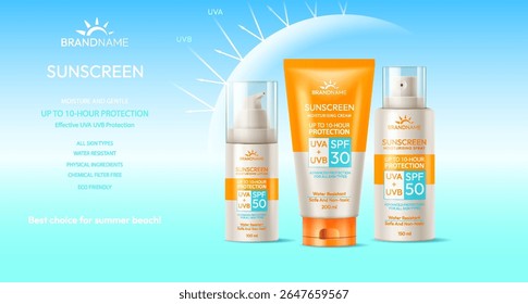 Display of sunscreen products with SPF 30 and SPF 50. Bright blue background. Emphasizes protection from UVA and UVB rays. Perfect for summer beach use.