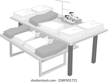 Display table in the textile store. Mockup of a podium in monochromatic style. Product presentation place in an aesthetic and simple performance.