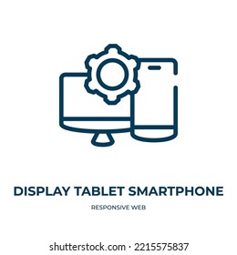 Mostrar el icono de la rueda cognoscitiva del smartphone de la tablet. Ilustración vectorial lineal de la colección web receptiva. Esbozo de visualización tableta del vector del icono de la rueda del smartphone. Símbolo de línea delgada para uso en web y móvil 
