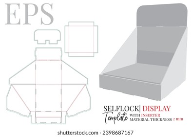 Display template with inserter, vector with die cut, laser cut layers. White clear blank display mock up isolated on white background with perspective view. Self locking packaging design