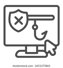 Exibição de conexão não segura com ícone de linha de gancho, conceito de segurança de dados. Gráficos vetoriais. Tela de fraude e sinal de cursor do mouse no fundo branco, ícone de estilo de contorno para design móvel ou web