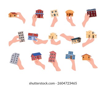 Display of various house models being held in hands showcasing different architectural styles and designs
