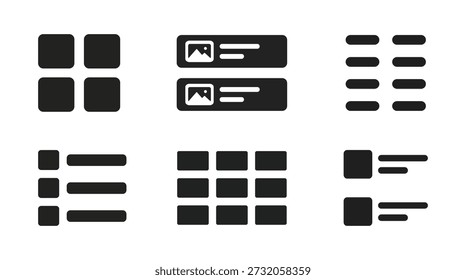 Symbolsatz für den Anzeigemodus der Benutzeroberfläche mit Raster-, Listen-, Tabellen-, Karten- und Vorschaulayouts. Listenansicht- und Rasteransichtssymbole für App-Schnittstellen, Dashboards, Web-Layouts, Dateimanager, Galerie- und Datenansichten