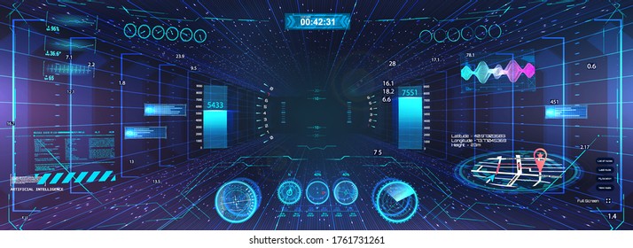 Display VR mit Head-Up Interface HUD. Futuristische Technologie Design-Display. Blick vom Cockpit, Sci-Fi-Helm. Virtuelle Realität mit Benutzeroberfläche GUI, UI, HUD. Navigation, Gadgets, Menü. Vektorgrafik