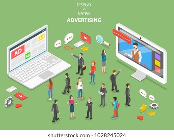 Display vs native advertising flat isometric vector. Two devices with different ad types are trying to capture the attention of the crowd of people.