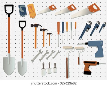 Display wall of a hardware store filled with assorted tools, EPS 8 vector illustration