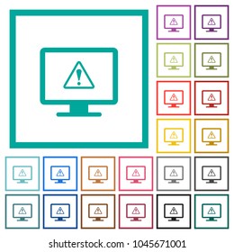 Display warning flat color icons with quadrant frames on white background