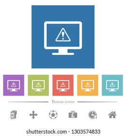 Display warning flat white icons in square backgrounds. 6 bonus icons included.