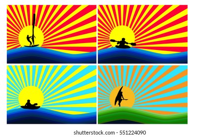 Display water sports on background simulating sunset and sunrise