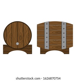 Display wooden barrels look front and side. Vector illustration of a vintage color engraving. Isolated against a white background