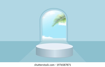 Display of yellow cosmetic product advertisement with geometric shapes over a minimalist swimming pool