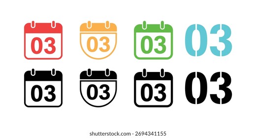 Se muestran ocho variaciones distintas de un icono de calendario de fecha que muestra el tercer día en rojo vibrante, naranja, verde, aqua y negro clásico sobre un fondo blanco limpio.