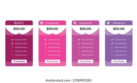Displayed are four colorful pricing table cards comparing Basic, Standard, and two Premium plan options, each including pricing and purchase call-to-action for easy selections.