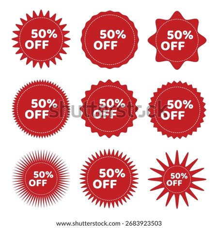 Displayed are nine unique red stickers, each with a different shape, announcing a fifty  percent off deal, set against a stark white transparent backdrop.